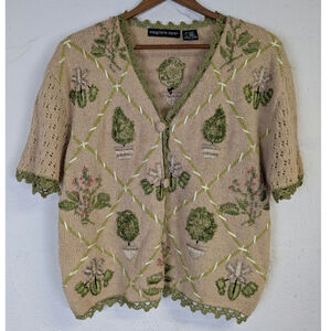 Vtg Eagles Eye Cardigan Sweater Embroidered Textured 3D Garden Granny Medium